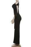 Sexy Solid Color Lace Up Irregular Sloping Shoulder Long Dresses