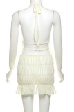 Sexy Solid Color Backless Ruched Adjustable Halter Sleeveless Two Pieces