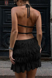 Sexy Solid Color Backless Ruched Adjustable Halter Sleeveless Two Pieces