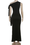 Sexy Solid Color Lace Up Irregular Sloping Shoulder Long Dresses