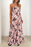 Vacation Floral Print Zipper Contrast Strapless Long Dresses