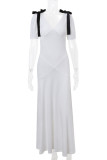 Elegant Solid Color Lace Up Patchwork Contrast V Neck Long Dresses