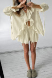 Casual Solid Color Lace Up Flounce V Neck Long Sleeve Two Pieces