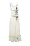 Sexy Solid Color Lace Up U Neck Sleeveless Two Pieces