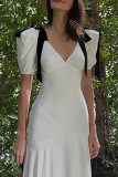 Elegant Solid Color Lace Up Patchwork Contrast V Neck Long Dresses