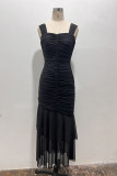 Sexy Solid Color Ruched Mesh U Neck Fishtail Dresses