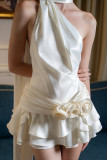 Sexy Solid Color Backless Flounce Flower Shape Halter A Line Dresses