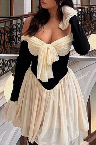 Sexy Solid Color Backless Contrast Off Shoulder Waist Skirt Dresses