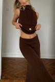 Casual Solid Color Weave Turtleneck Sleeveless Two Pieces