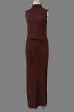 Casual Solid Color Weave Turtleneck Sleeveless Two Pieces