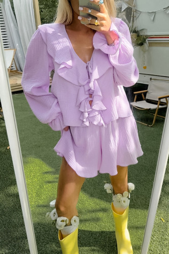 Daily Solid Color Flounce V Neck Long Sleeve Two Pieces
