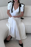 Elegant Solid Color Lace Up Patchwork Contrast V Neck Long Dresses