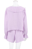 Daily Solid Color Flounce V Neck Long Sleeve Two Pieces