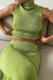 Casual Solid Color Weave Turtleneck Sleeveless Two Pieces