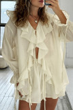 Casual Solid Color Lace Up Flounce V Neck Long Sleeve Two Pieces