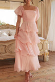 Casual Solid Color Backless Flounce Square Neck Cake Skirt Dresses