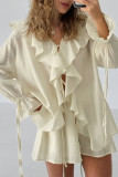 Casual Solid Color Lace Up Flounce V Neck Long Sleeve Two Pieces