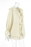 Casual Solid Color Lace Up Flounce V Neck Long Sleeve Two Pieces