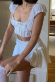 Sexy Solid Color Bow Decor Square Neck Short Sleeve Two Pieces