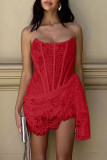Sexy Solid Color Lace Ruched Irregular U Neck Lace Dress Dresses