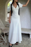 Elegant Solid Color Lace Up Patchwork Contrast V Neck Long Dresses