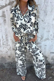 Casual Floral Print Pocket Contrast Turndown Collar Three Quarter Two Pieces
