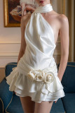 Sexy Solid Color Backless Flounce Flower Shape Halter A Line Dresses