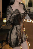 Sexy Solid Color Lace Lace Up Square Neck A Line Dresses