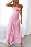 Casual Solid Color Jacquard Lace Up Halter Long Dresses