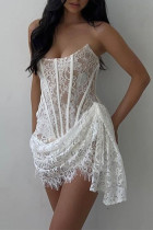 Sexy Solid Color Lace Ruched Irregular U Neck Lace Dress Dresses