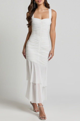 Sexy Solid Color Ruched Mesh U Neck Fishtail Dresses