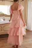 Casual Solid Color Backless Flounce Square Neck Cake Skirt Dresses
