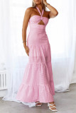 Casual Solid Color Jacquard Lace Up Halter Long Dresses