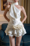 Sexy Solid Color Backless Flounce Flower Shape Halter A Line Dresses