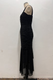 Sexy Solid Color Ruched Mesh U Neck Fishtail Dresses