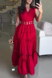 Casual Solid Color Embroidered Hollow Out V Neck Sleeveless Dresses