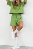 Casual Solid Color Draw String O Neck Short Sleeve Two Pieces