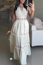 Casual Solid Color Embroidered Hollow Out V Neck Sleeveless Dresses