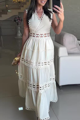 Casual Solid Color Embroidered Hollow Out V Neck Sleeveless Dresses