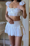 Sexy Solid Color Bow Decor Square Neck Short Sleeve Two Pieces