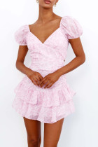 Sexy Floral Print Bow Decor Flounce V Neck A Line Dresses