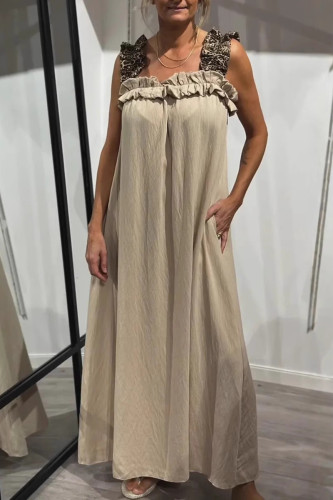 Casual Leopard Pocket Patchwork Flounce Square Neck Long Dresses