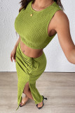 Sexy Solid Color Draw String Slit Texture O Neck Sleeveless Two Pieces