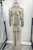 Daily Animal Print Pocket Contrast Turndown Collar Long Sleeve Two Pieces