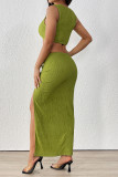 Sexy Solid Color Draw String Slit Texture O Neck Sleeveless Two Pieces