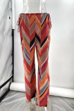 Casual Striped Print Draw String Contrast Loose Straight Full Print Bottoms