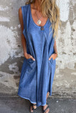 Casual Solid Color Pocket Buttons O Neck Sleeveless Dresses