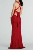 Sexy Solid Color Lace Up Backless Slit Sequined V Neck Evening Dresses