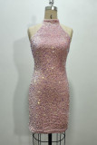 Sexy Solid Color Sequins Halter Pencil Skirt Dresses