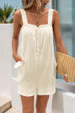 Casual Solid Color Pocket Buttons Square Neck Loose Rompers